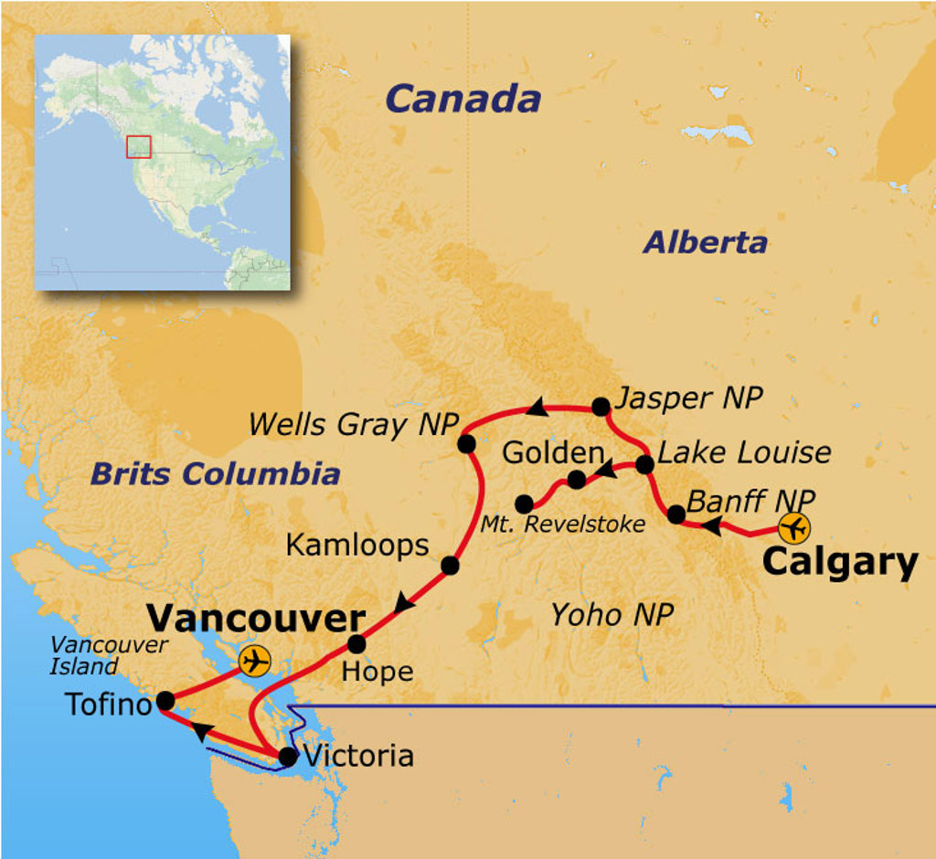 Routekaart Canada met reisroute van Vancouver en Victoria via Banff en Jasper naar Calgary.