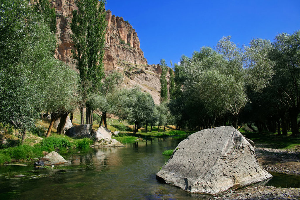 Groene rivier in een vallei met rotswanden in Cappadocië, Turkije.