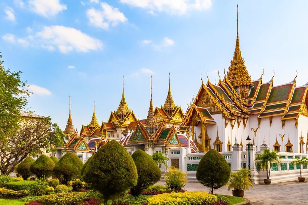 Groene rijstvelden met palmbomen tijdens een familiereis door Thailand, Laos en Cambodja.