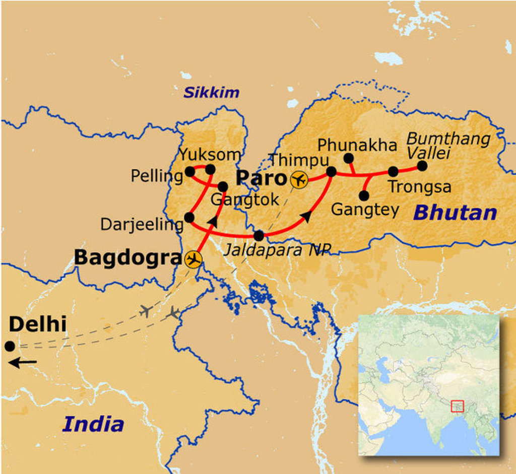 Routekaart Sikkim en Bhutan met reisroute via Bagdogra, Gangtok, Pelling, Paro, Thimphu, Punakha en Bumthang.