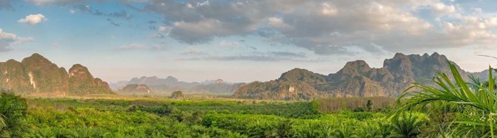 Mistige kalkstenen rotsen boven het Cheow Lan-meer in Khao Sok National Park, Thailand.