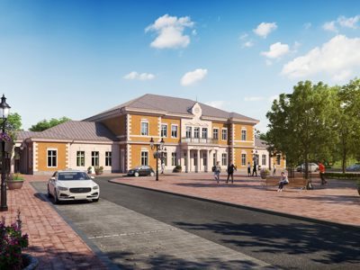 Voorplein van Borlänge Station in Zweden, met historische gevel, taxi en wandelaars onder blauwe lucht.