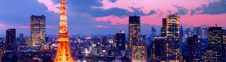 Tokyo Tower verlicht bij zonsondergang, met de skyline van Tokio op de achtergrond.