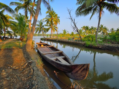 Houten boot aan de oever van de backwaters in Zuid-India, omringd door palmbomen.