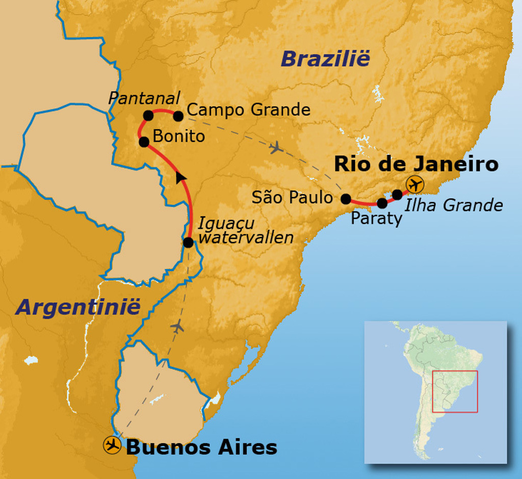 Routekaart rondreis Brazilië en Buenos Aires via Rio de Janeiro, Pantanal, Bonito en Iguacu-watervallen.