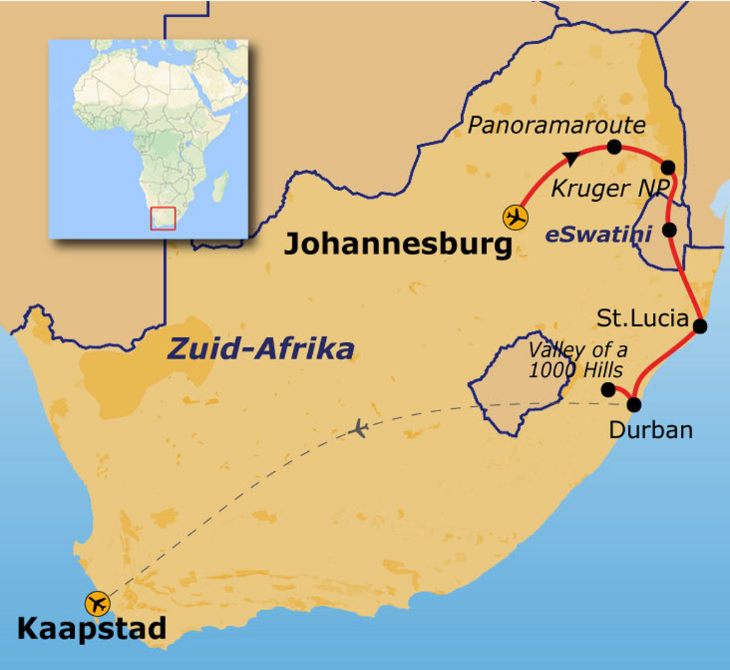 Routekaart Zuid-Afrika met reisroute via Johannesburg, Panoramaroute, Kruger NP, eSwatini, St. Lucia en Durban.