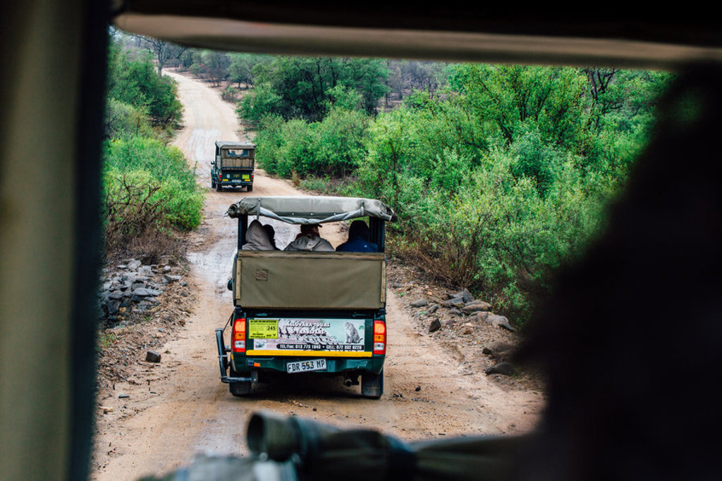 Safari-jeeps op een zandweg door een wildpark tijdens een premium groepsrondreis Zuid-Afrika.
