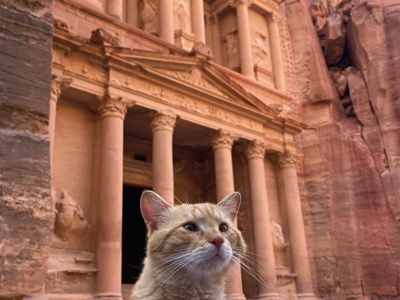 Kat voor de Schatkamer (Al-Khazneh) in Petra, Jordanië.