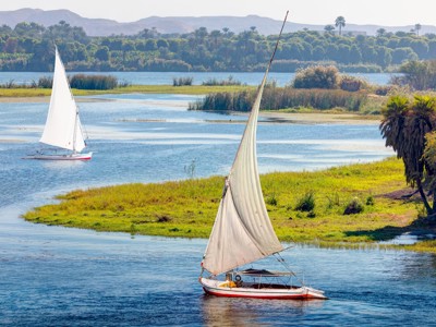 Felucca zeilboten op de Nijl langs groene oevers in Egypte.
