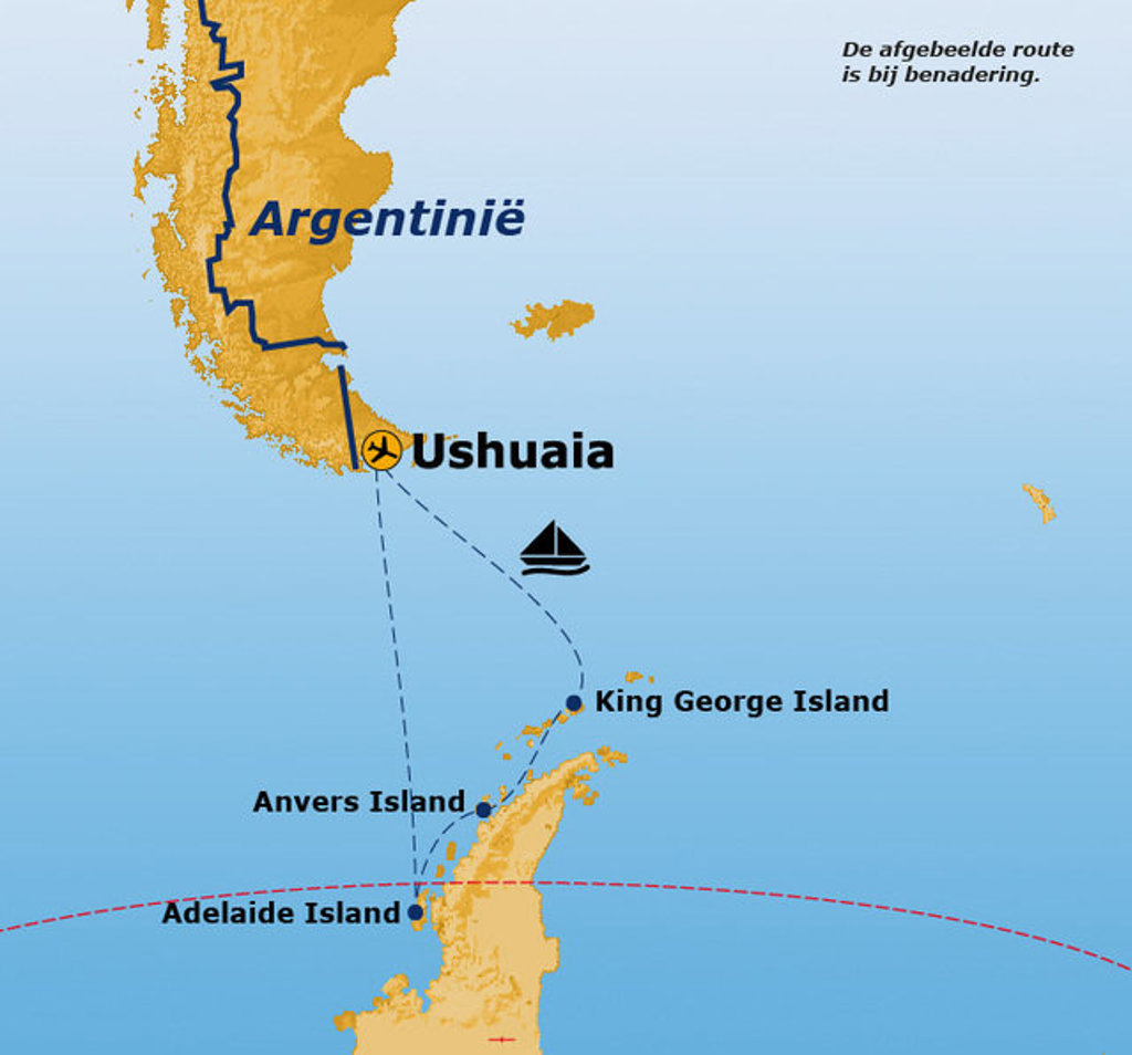 Routekaart Antarctica met vaarroute van Ushuaia (Argentinië) naar King George Island, Anvers Island en Adelaide Island.