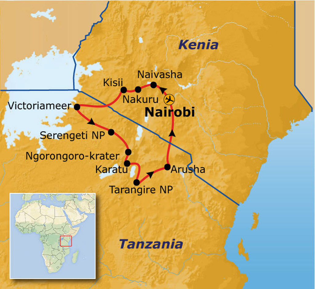 Routekaart Kenia en Tanzania met reisroute via Nairobi, Nakuru, Naivasha, Serengeti, Ngorongoro en Arusha.