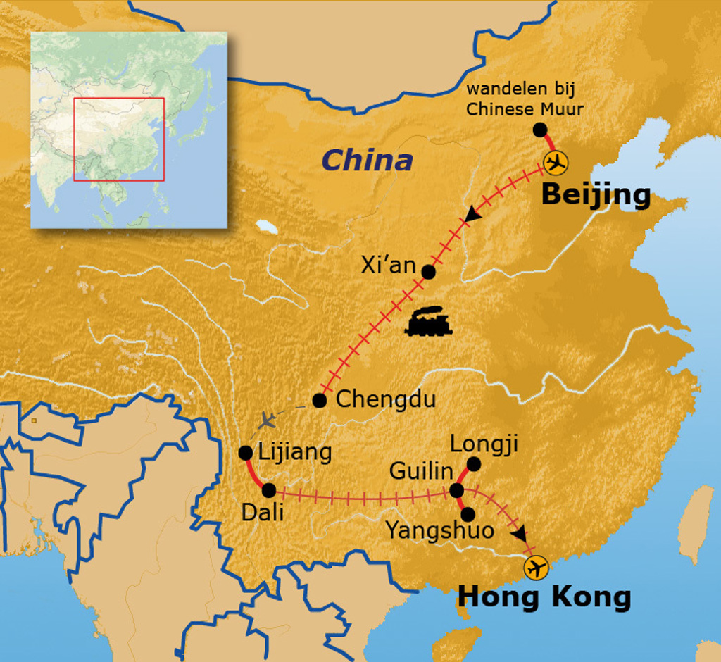 Routekaart Route China met reisroute via Beijing, Xi’an, Chengdu, Dali, Lijiang, Guilin, Yangshuo en Hong Kong.