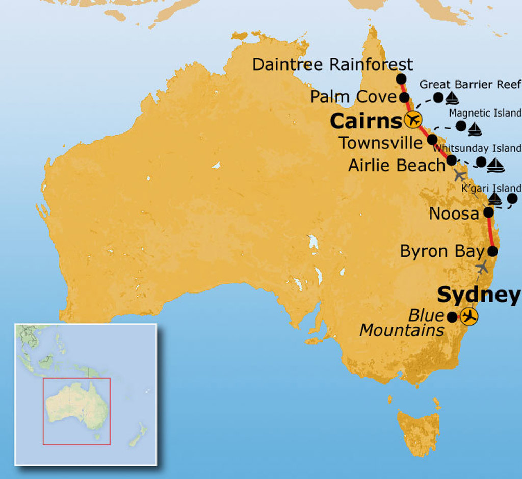 Routekaart Australië met reisroute langs Cairns, Noosa en Sydney, inclusief Great Barrier Reef en Blue Mountains.