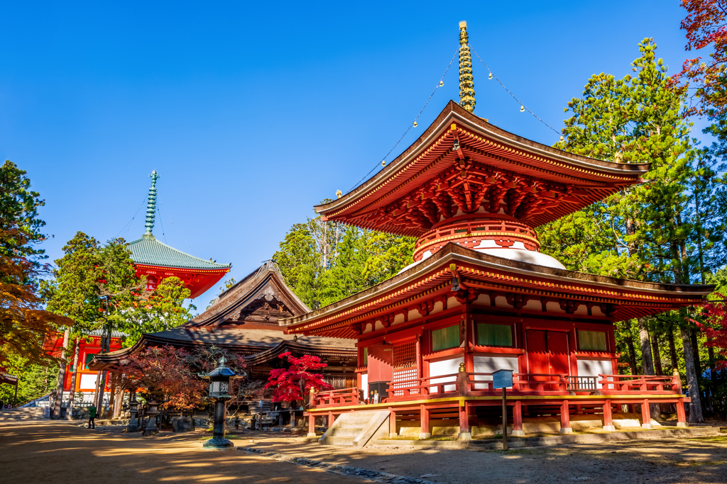 Rode pagode en tempelcomplex in Japan, omringd door groene bomen onder een heldere blauwe lucht.