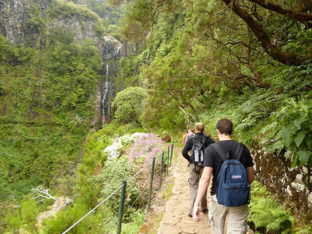 Wandelaars op een levadapad door groen berglandschap op Madeira, met waterval in de verte.