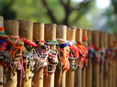Kleurrijke armbandjes en touwtjes aan bamboepalen langs de route in Laos & Cambodja.