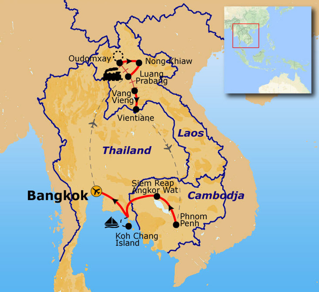 Routekaart Thailand, Laos en Cambodja met reisroute via Bangkok, Koh Chang, Siem Reap, Phnom Penh en Vientiane.