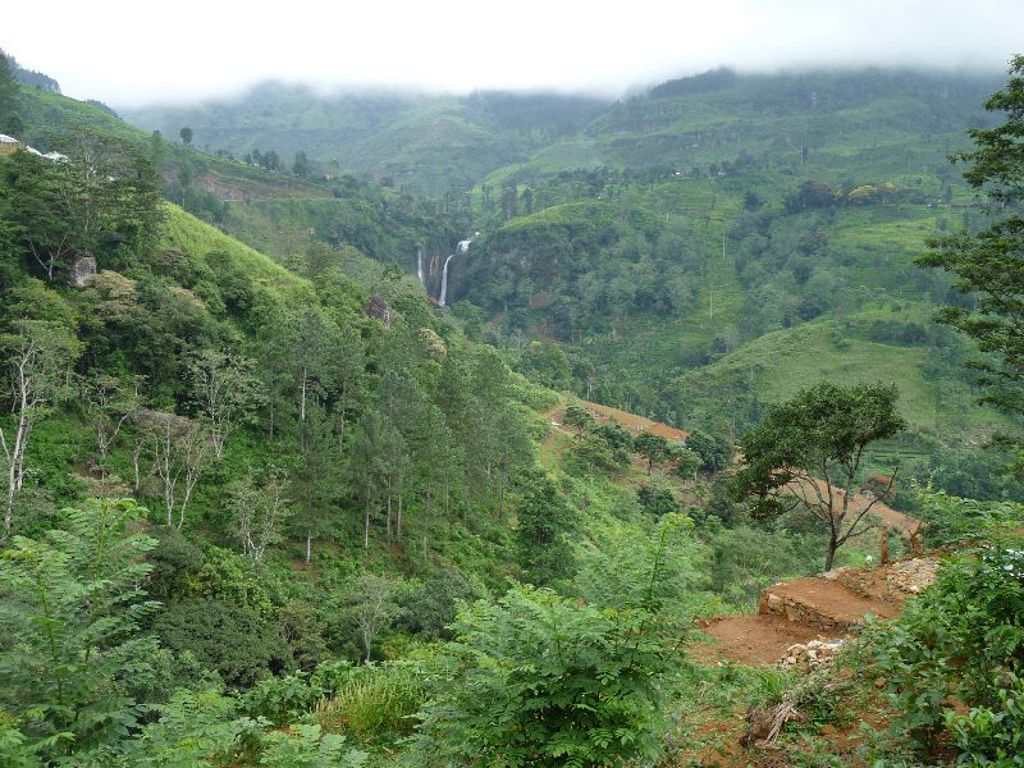 Groene heuvels en waterval in het bergland van Sri Lanka tijdens de groepsrondreis Hoogtepunten.