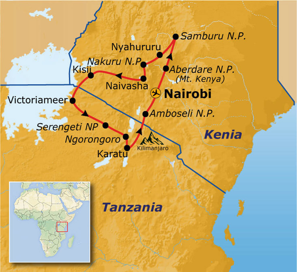Routekaart Kenia en Tanzania met reisroute via Nairobi, Samburu, Nakuru, Naivasha, Amboseli, Serengeti en Ngorongoro.