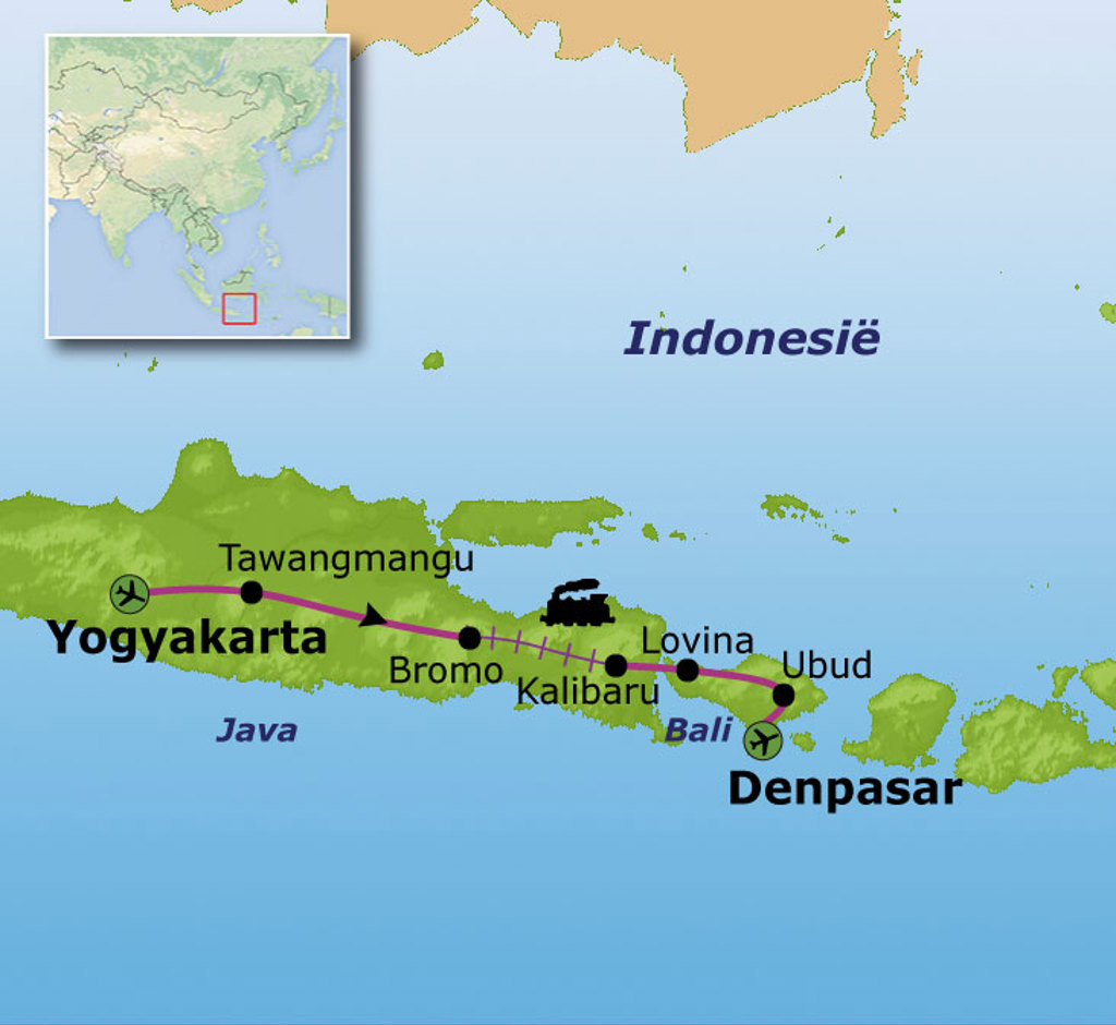 Routekaart Java en Bali met reisroute van Yogyakarta via Bromo en Ubud naar Denpasar.