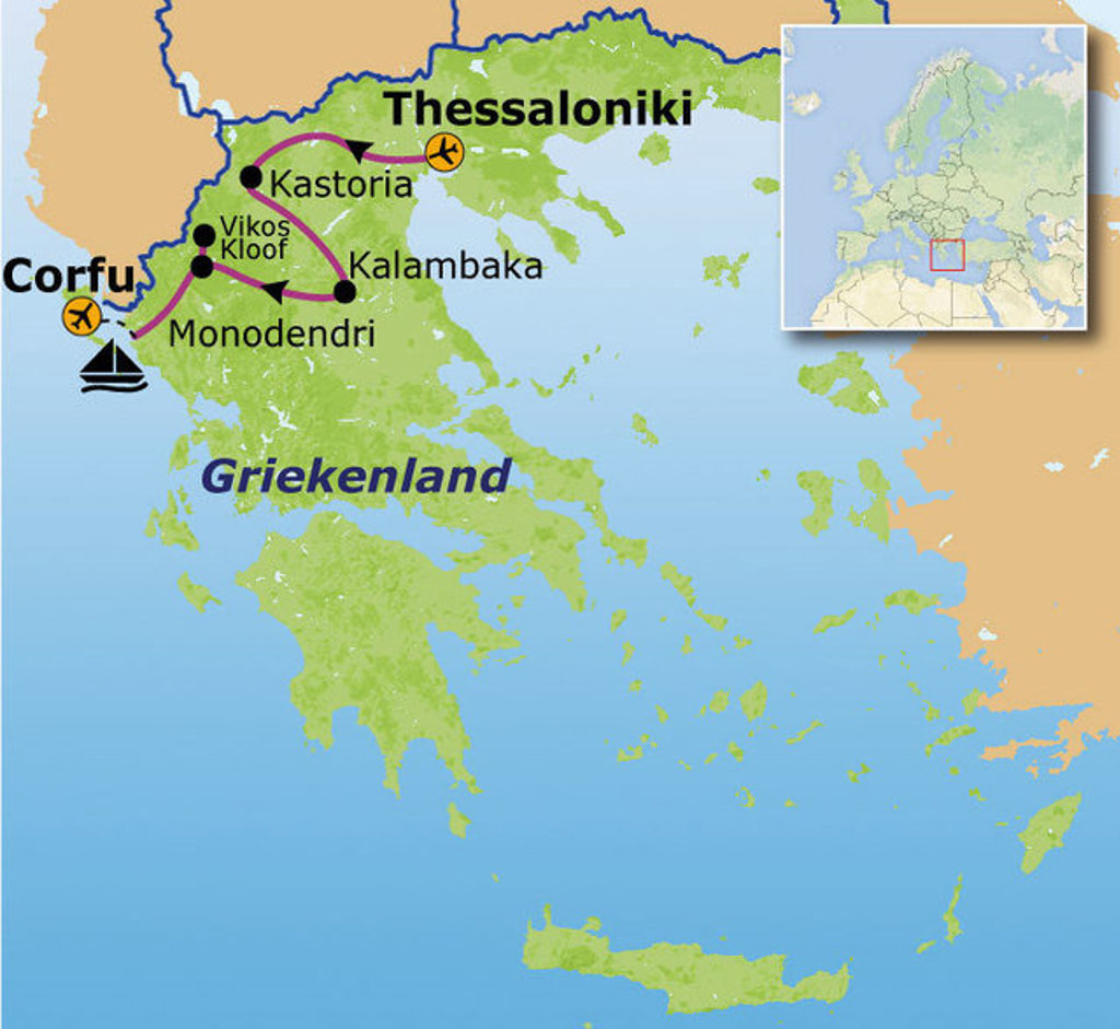 Routekaart Noord-Griekenland met reisroute via Thessaloniki, Kastoria, Vikoskloof, Monodendri, Kalambaka en Corfu.