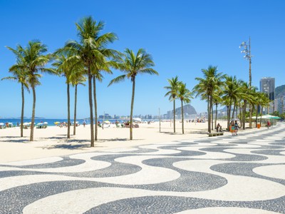 Boulevard en strand van Copacabana in Rio de Janeiro met palmbomen en het golvende mozaïek.