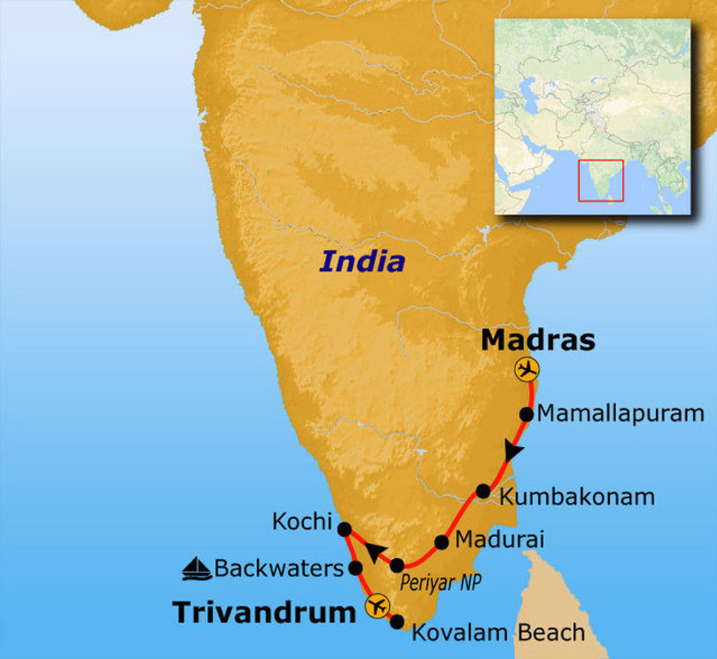 Routekaart Zuid-India met reisroute langs Madras, Mamallapuram, Kumbakonam, Madurai, Periyar NP, Kochi en Trivandrum.