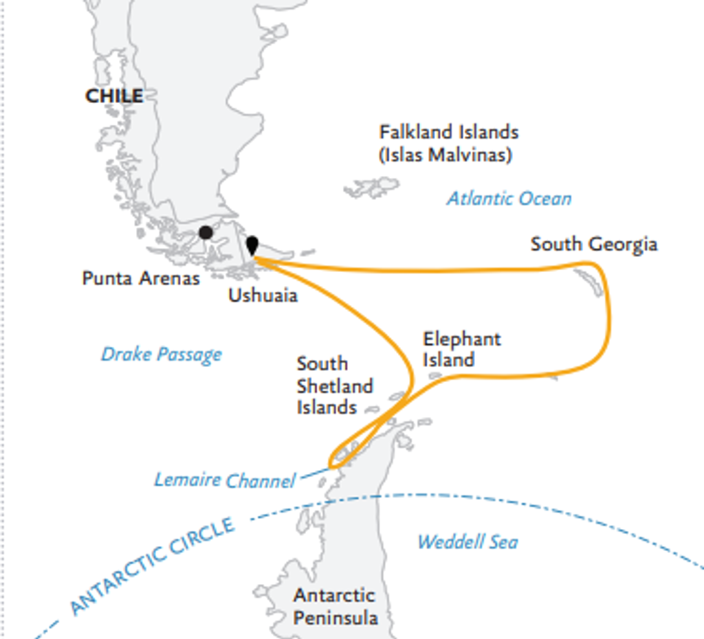 Routekaart van de pinguinsafari: Ushuaia via South Georgia en Elephant Island naar het Antarctisch Schiereiland.