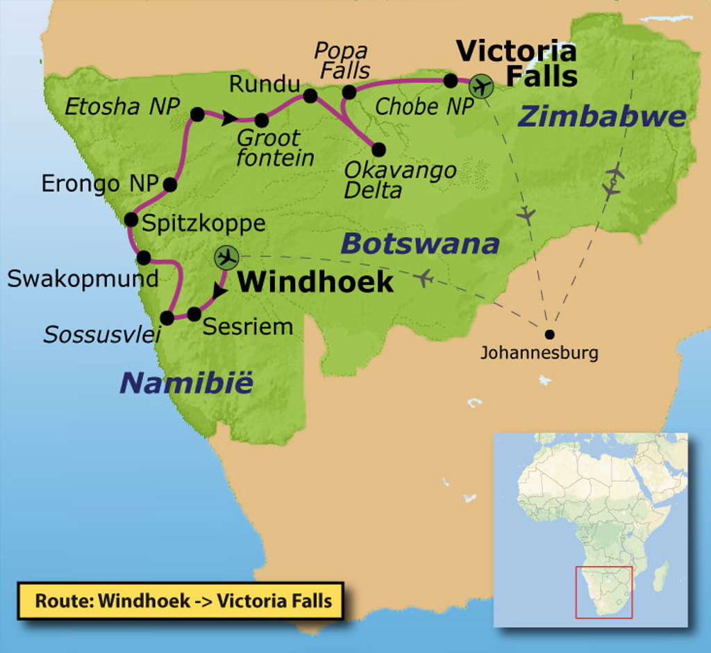 Routekaart Windhoek naar Victoria Falls via Namibië, Botswana en Zimbabwe met stops zoals Etosha NP en Okavango Delta.