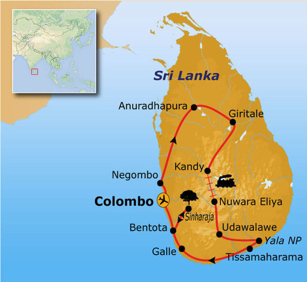 Routekaart Sri Lanka met rondreis langs Colombo, Kandy, Nuwara Eliya, Yala NP, Galle en Anuradhapura.