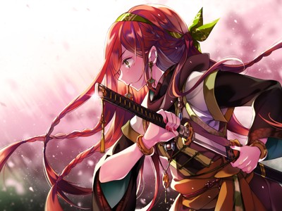 Anime-illustratie van een Japanse zwaardvechter met katana in een roze bloesemstorm.