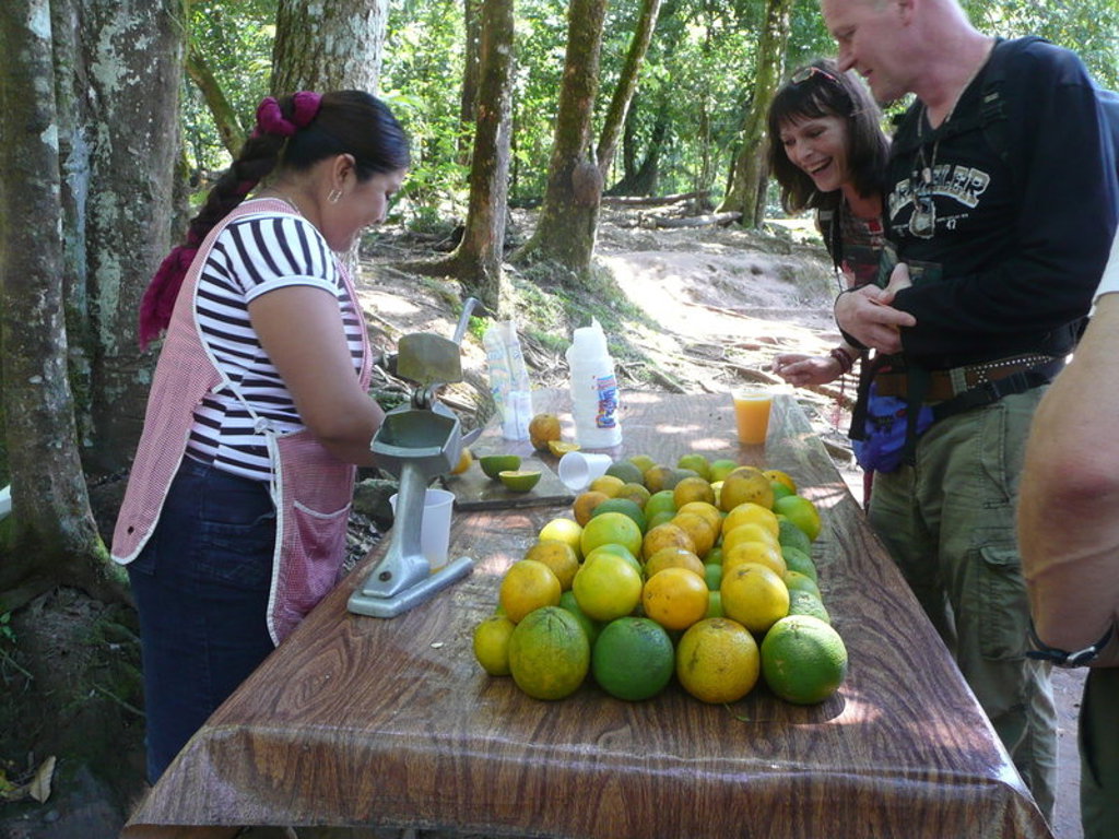 Straatkraam met vers geperst citrusfruit en reizigers tijdens groepsrondreis Mexico, Guatemala en Honduras.