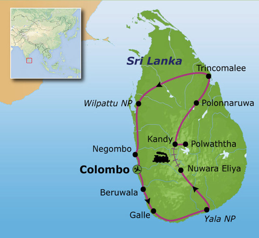 Routekaart Sri Lanka met reisroute langs Colombo, Kandy, Nuwara Eliya, Yala NP, Galle, Wilpattu NP en Trincomalee.