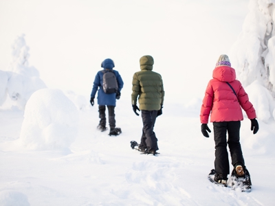 Gezin op sneeuwschoenen tijdens winterwandeling door besneeuwd landschap in Lapland.
