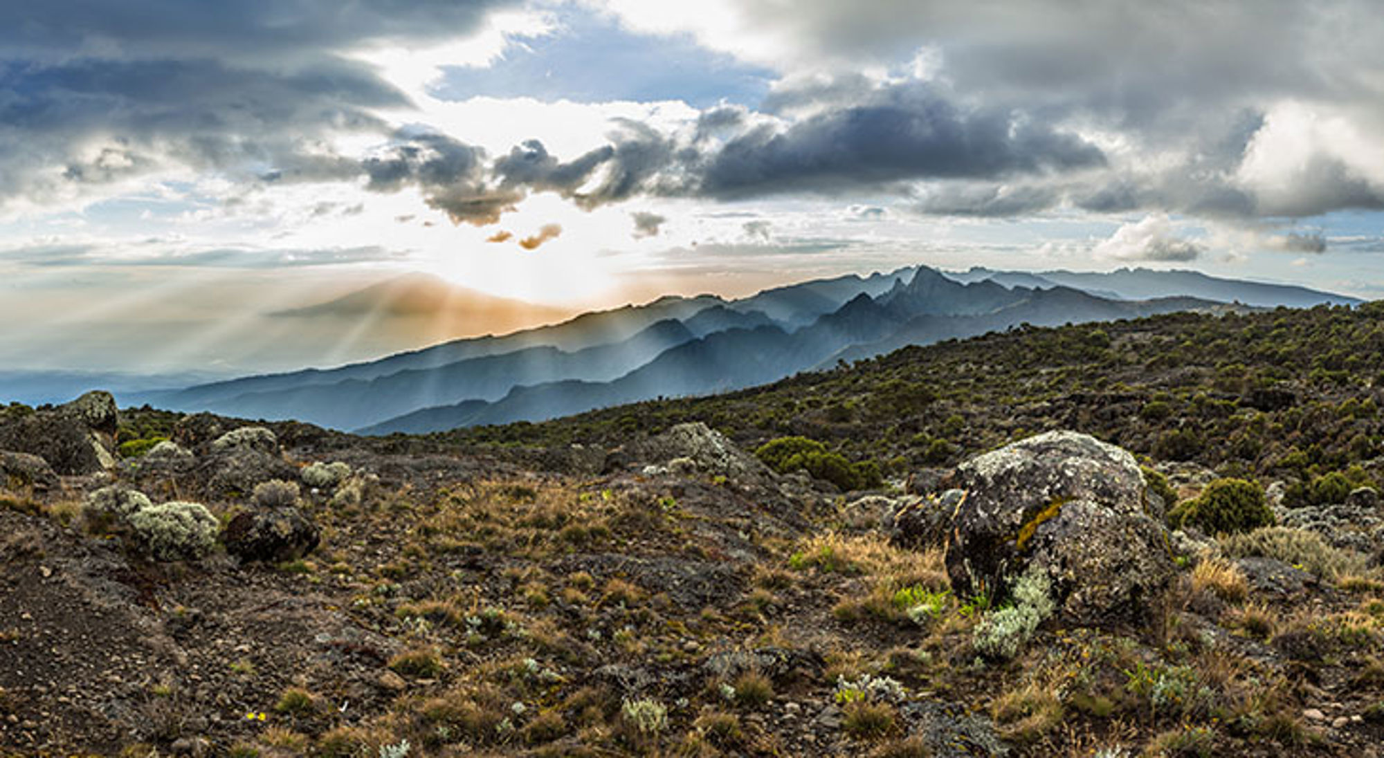 Zon schijnt door de wolken bij Mount Meru Zonsopkomst boven ruige bergketen in Tanzania, met rotsen en struikgewas op de voorgrond.