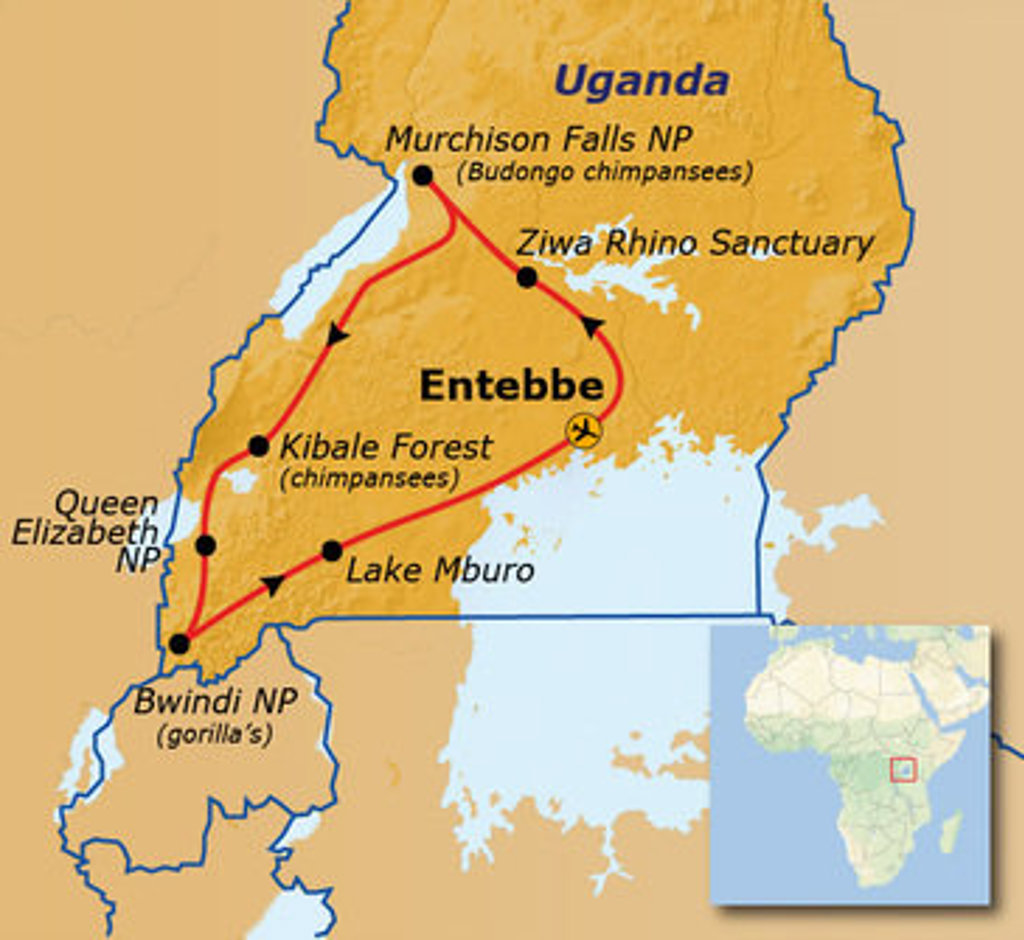 Routekaart Oeganda Natuur Plus via Entebbe, Murchison Falls, Kibale Forest, Queen Elizabeth NP, Bwindi NP en Lake Mburo.