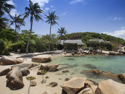 Tropisch strand in Vietnam met palmbomen, rotsen en helderblauw water.