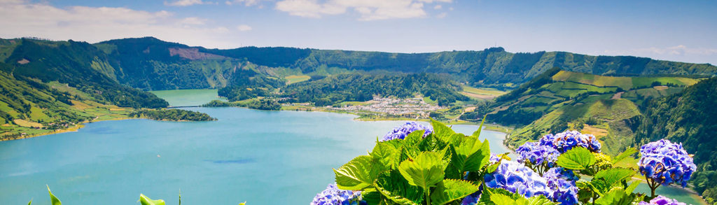 Uitzicht over een kratermeer op São Miguel, Azoren, met groene heuvels en hortensia’s op de voorgrond.