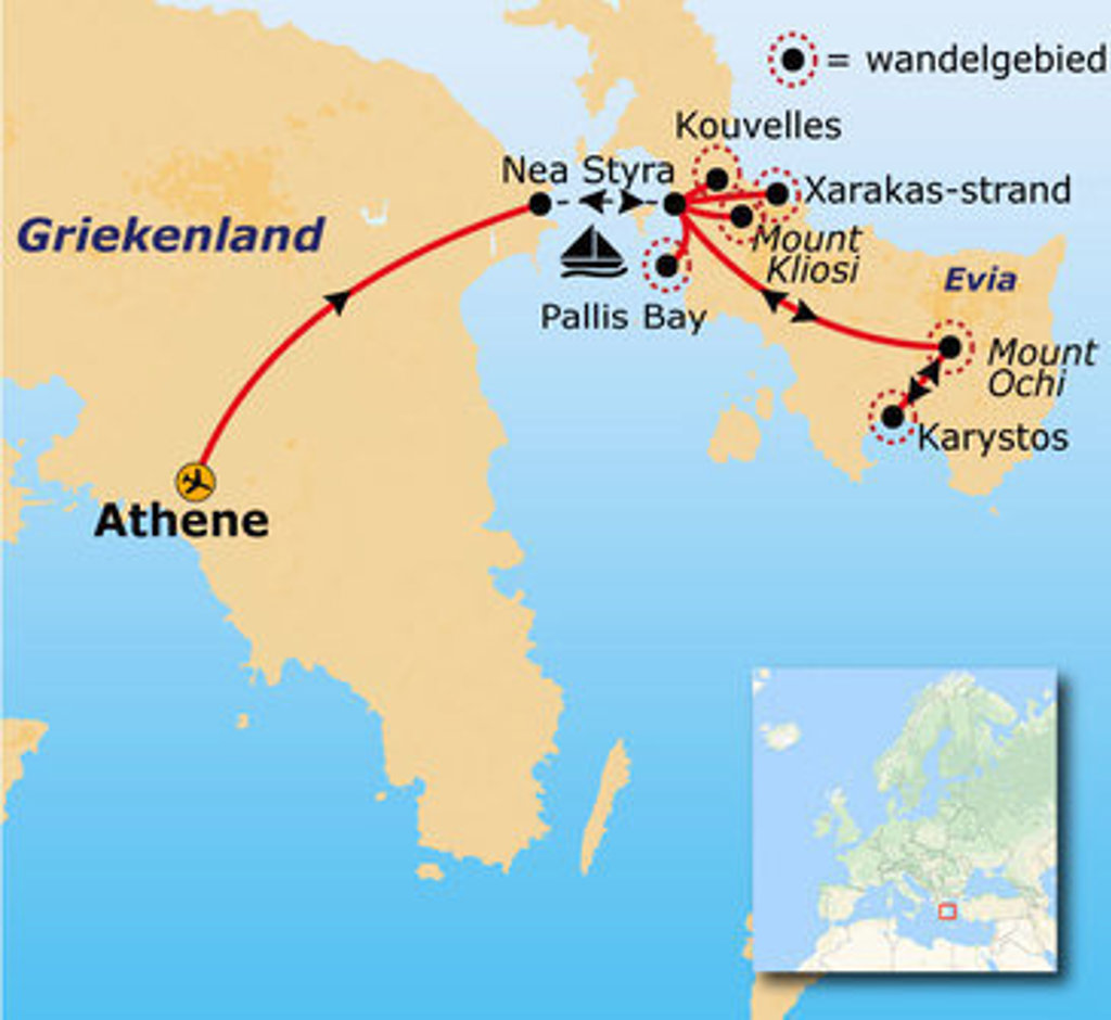 Routekaart wandelvakantie Griekenland: van Athene naar Evia met wandelgebieden rond Nea Styra en Karystos.