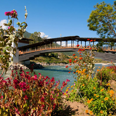 Traditionele houten brug over een rivier in Bhutan, met kleurrijke bloemen langs de oever.