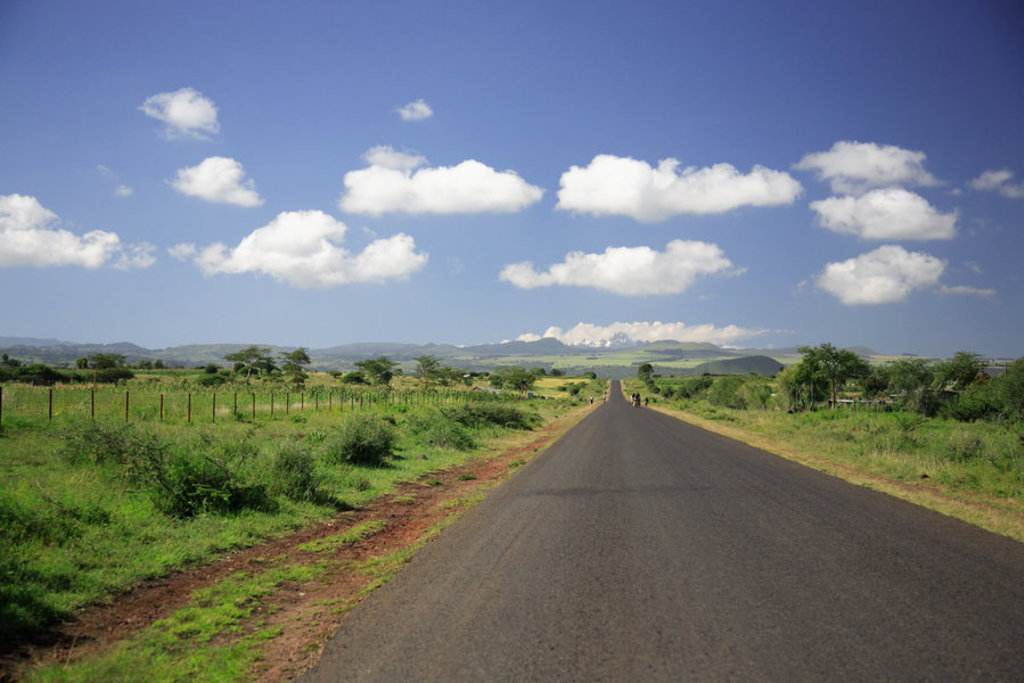 Lange weg door het groene savannelandschap in Kenia en Tanzania, met bergen in de verte.