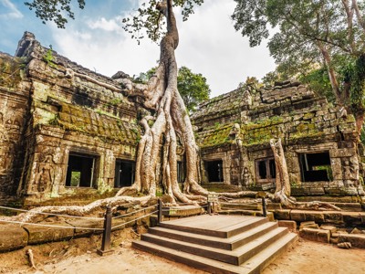 Ta Prohm-tempel bij Angkor, Cambodja, met enorme boomwortels die over de oude stenen muren groeien.