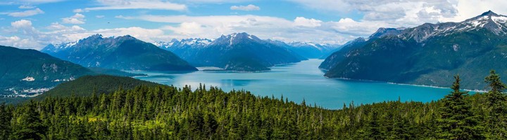 Uitzicht over een fjord met bergen en naaldbos in Alaska tijdens rondreizen Alaska.