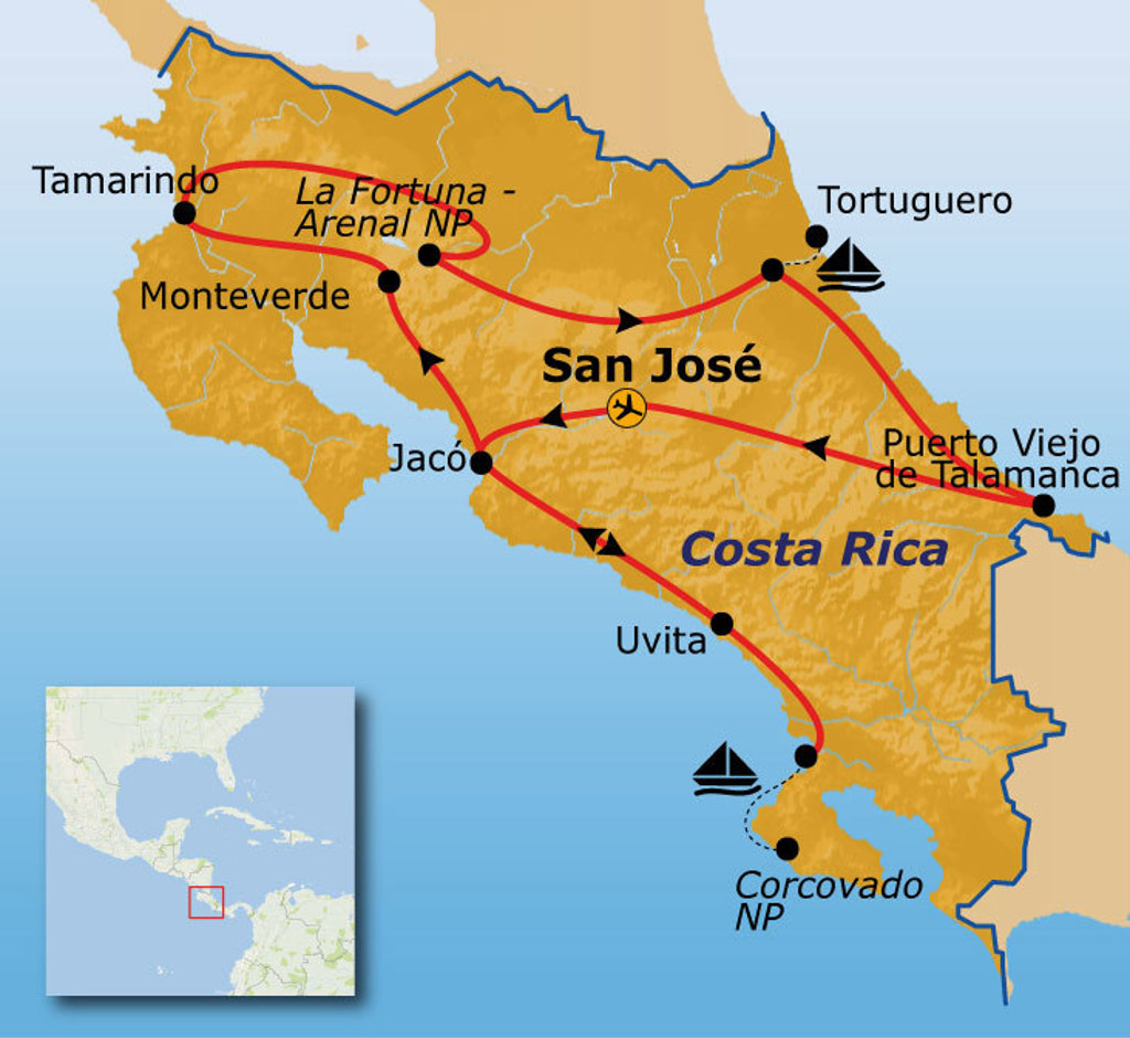 Routekaart 22-35ers reis Costa Rica met route langs San José, Tortuguero, La Fortuna, Monteverde en Tamarindo.