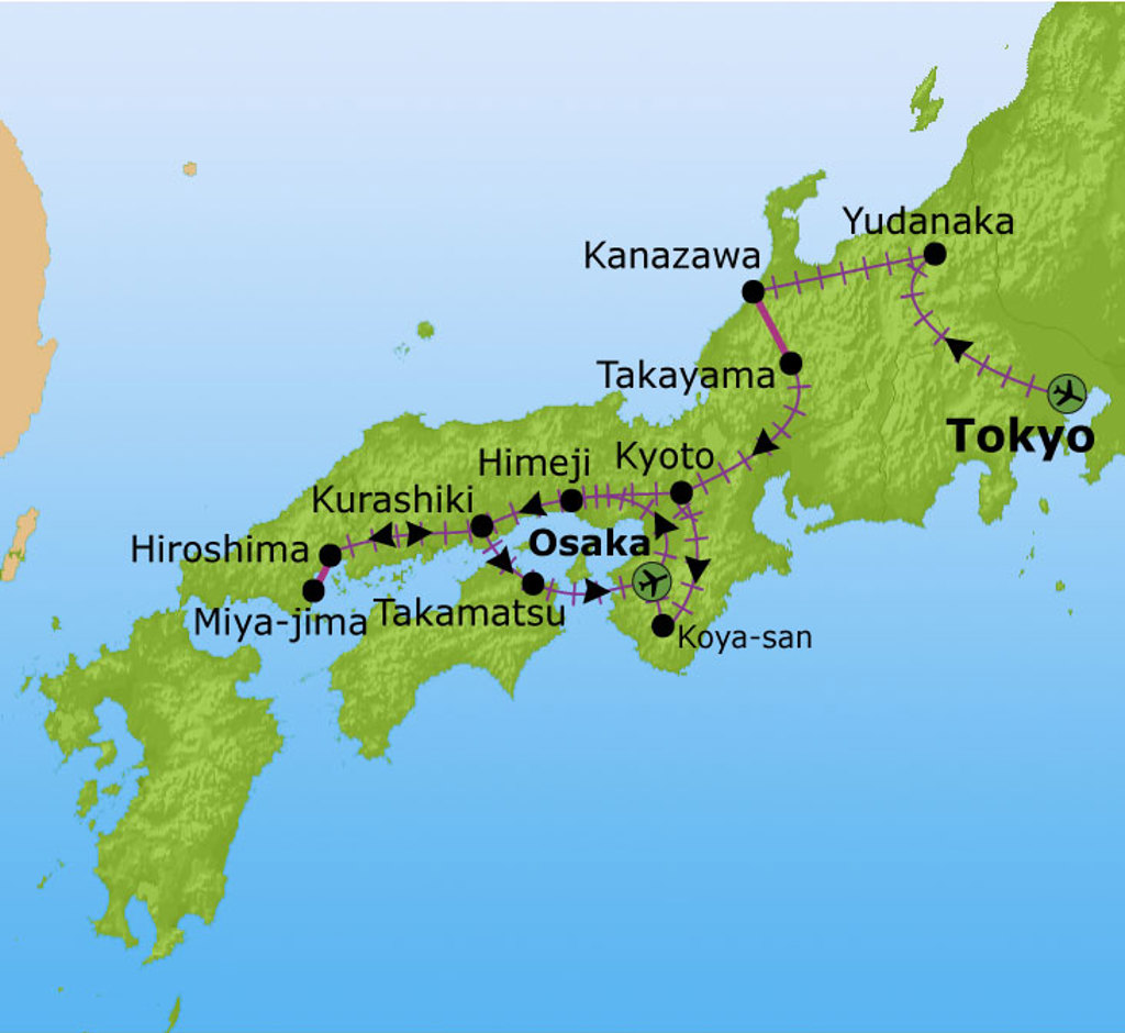 Routekaart Japan met reisroute via Tokyo, Yudanaka, Kanazawa, Takayama, Kyoto, Osaka, Hiroshima en Miyajima.