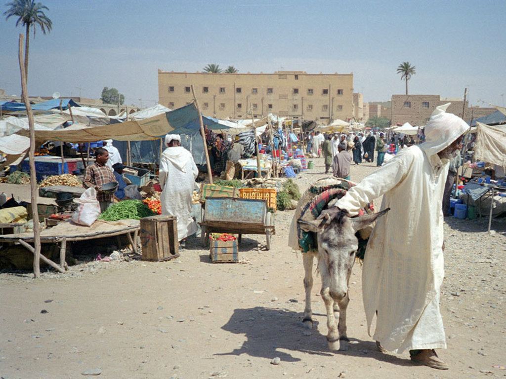 Markt in Marokko met kramen, bezoekers en een man die een ezel door de straat leidt.
