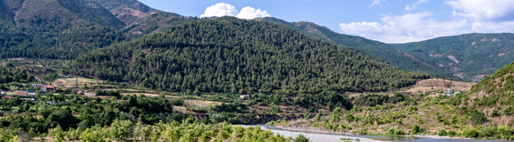Oude stenen boogbrug langs de Via Egnatia in Albanië, met rivier en groene bergen onder een blauwe lucht.