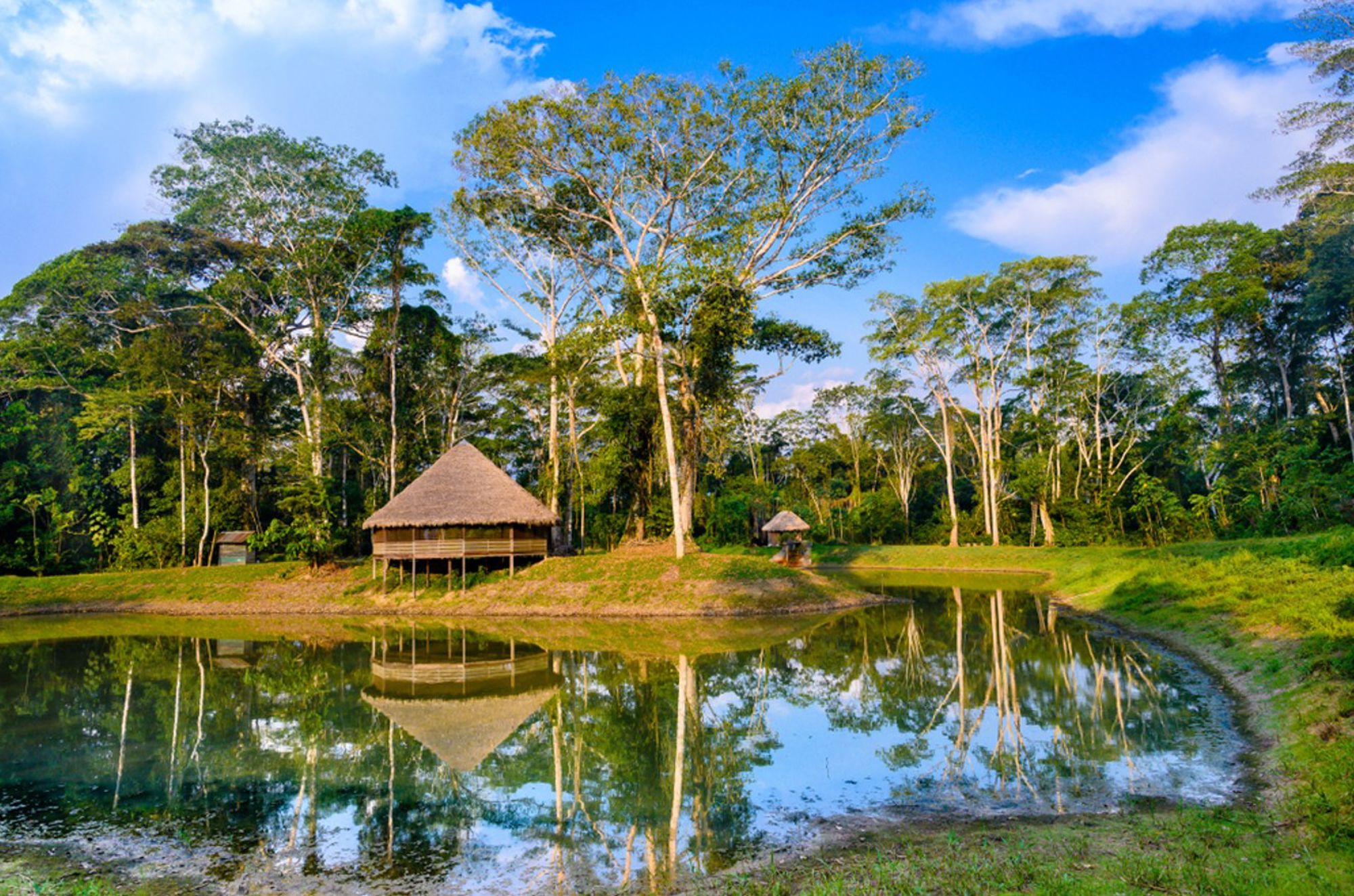 Lodge aan een lagune in het Peruaanse Amazonegebied, omringd door regenwoud en weerspiegeld in het water.