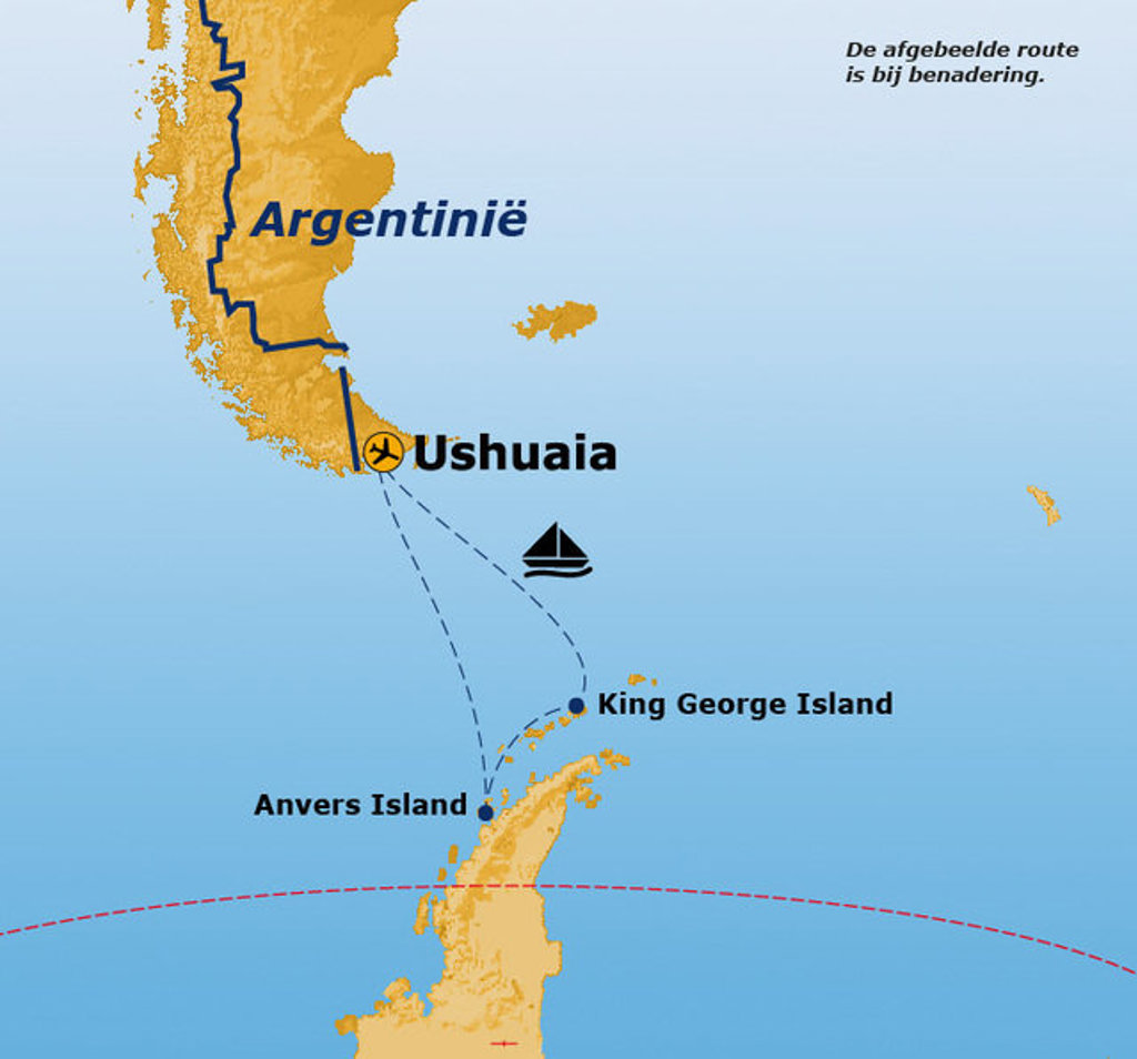 Routekaart rondreis Antarctica van Ushuaia naar King George Island en Anvers Island per schip.