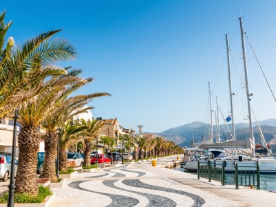 Palmboompromenade langs de jachthaven met zeilboten aan de kust in Griekenland.